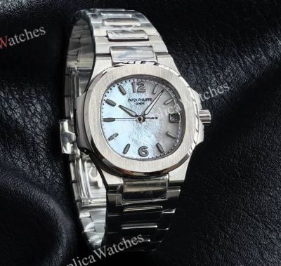 RRR Factory Patek Philippe Nautilus Cal.E 23-250SC Movement 32mm White MOP Face White Gold Bezel Women Watch